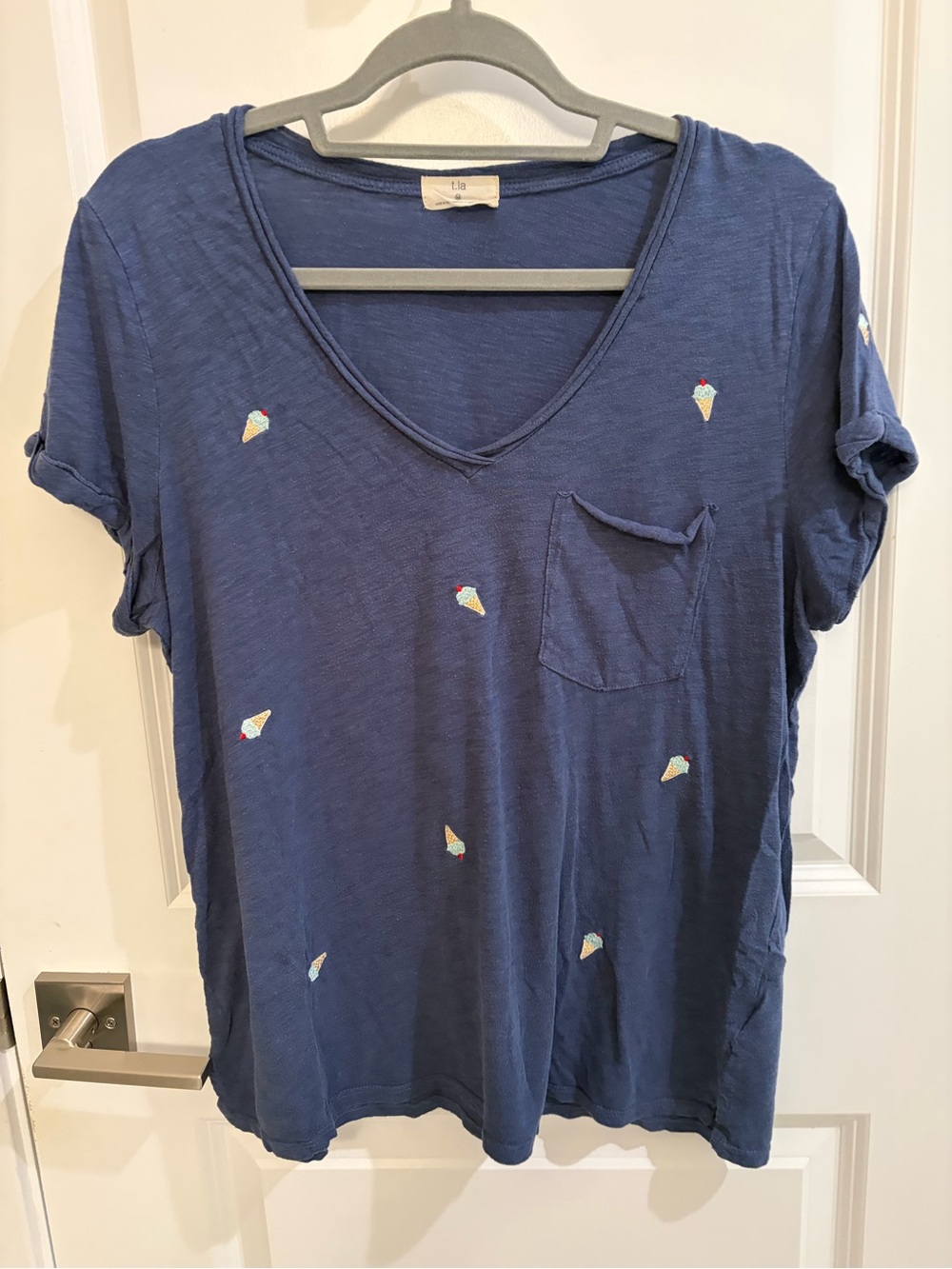 T.La blue V-Neck Short Sleeve Tee with Ice Cream Embroidery